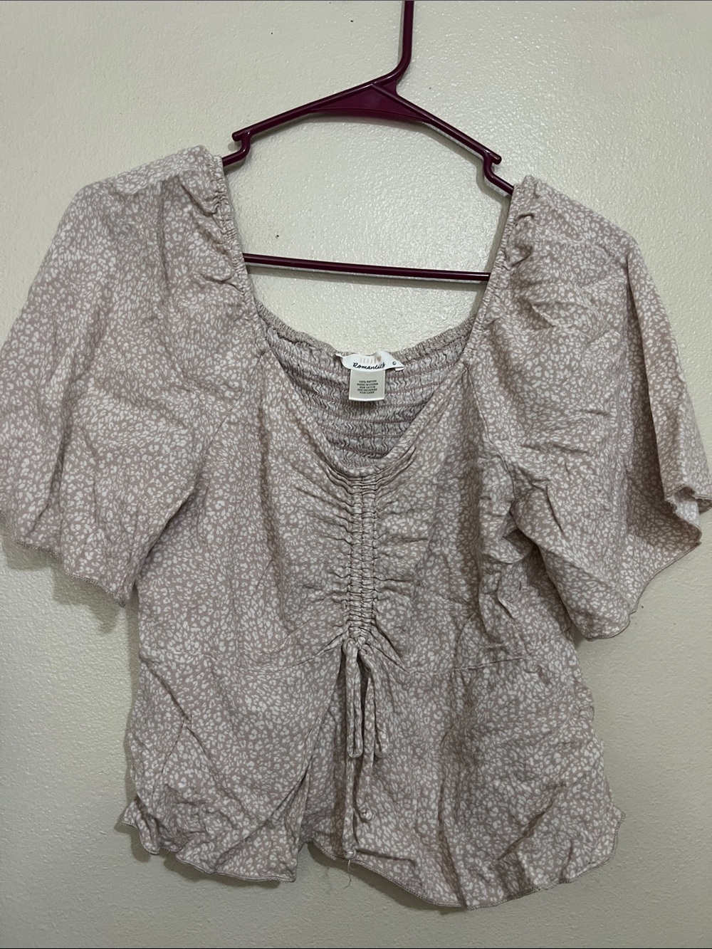 Smocked Front Floral Puff Sleeve Top - Light Mauve